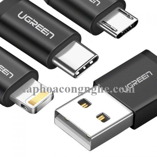 Ugreen 50204 0.5M Màu Đen Cáp sạc đa năng USB sang TypeC + Micro + Lightning có Chip MFI US186 30050204